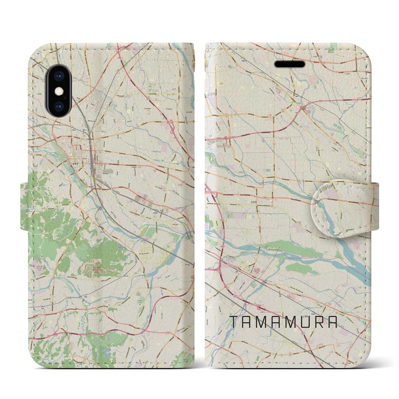 【玉村(群馬県)】地図柄iPhoneケース(手帳タイプ)ナチュラル・iPhone XS / X 用