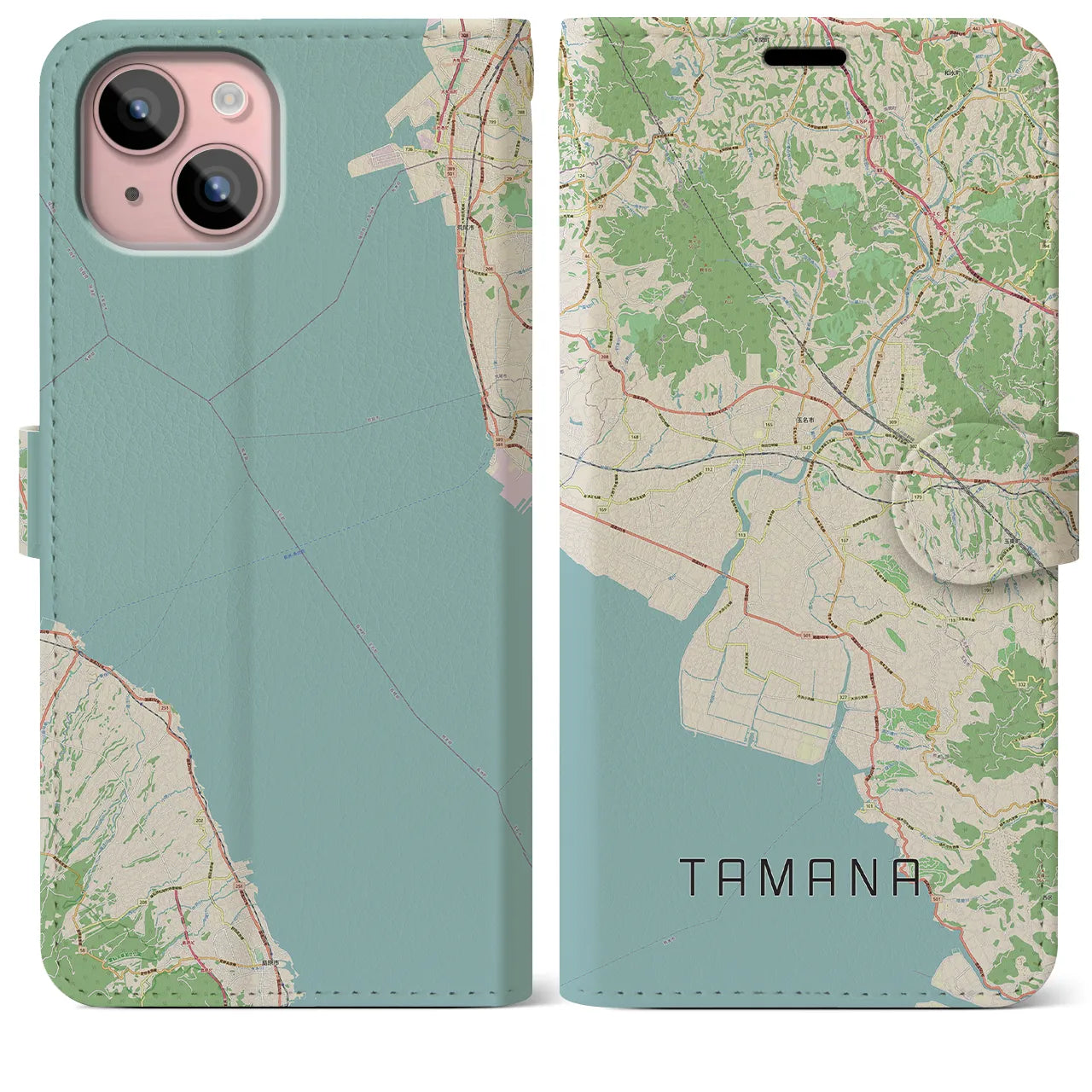 【玉名(熊本県)】地図柄iPhoneケース(手帳タイプ)ナチュラル・iPhone 15 Plus 用