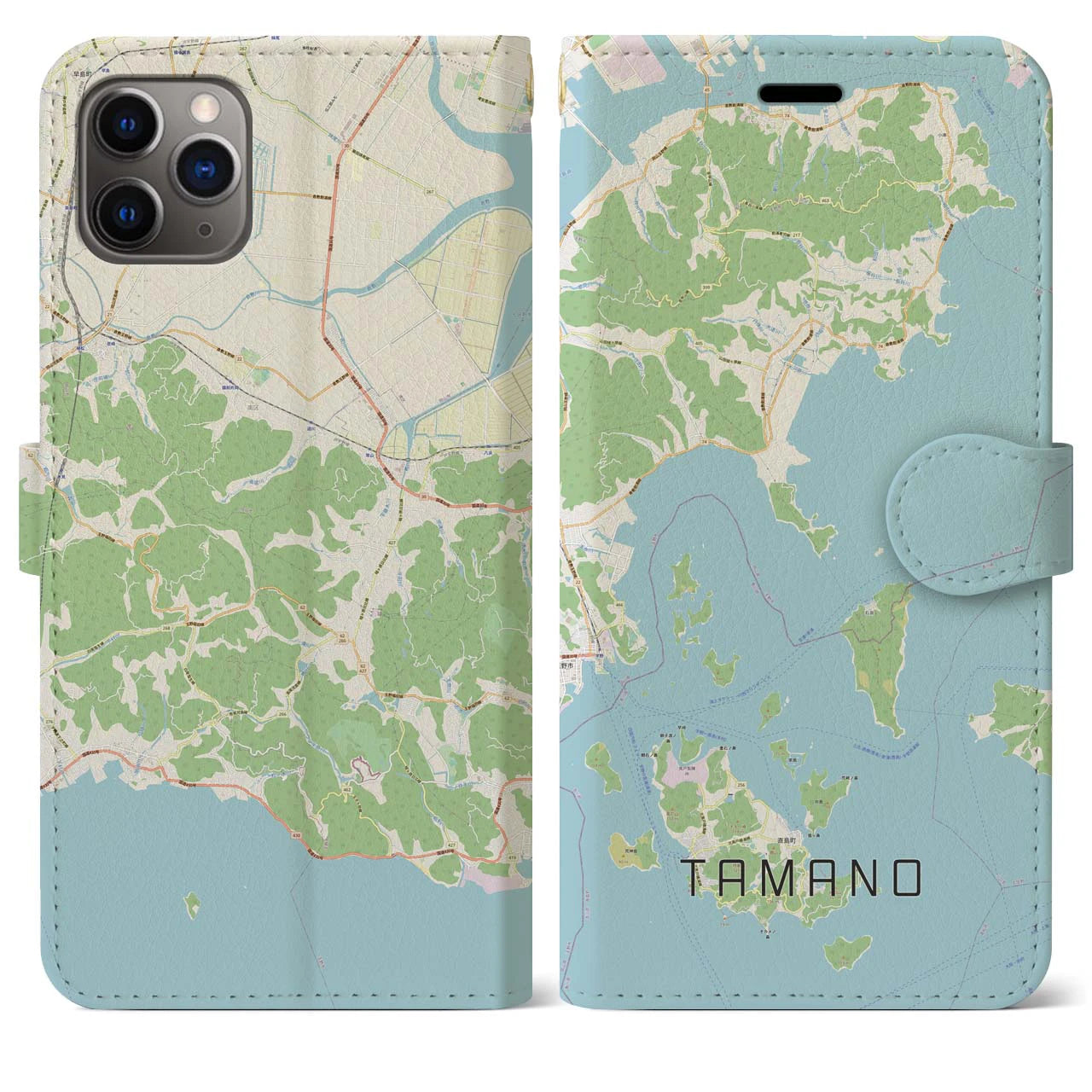 【玉野(岡山県)】地図柄iPhoneケース(手帳タイプ)ナチュラル・iPhone 11 Pro Max 用