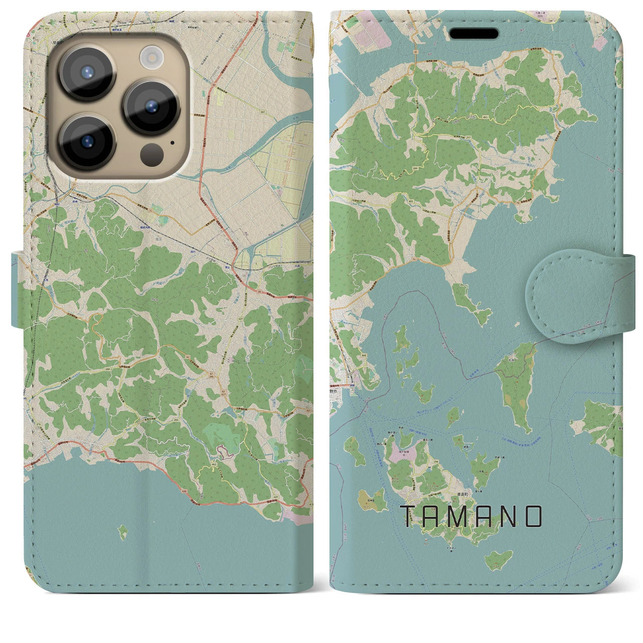 【玉野(岡山県)】地図柄iPhoneケース(手帳タイプ)ナチュラル・iPhone 14 Pro Max 用