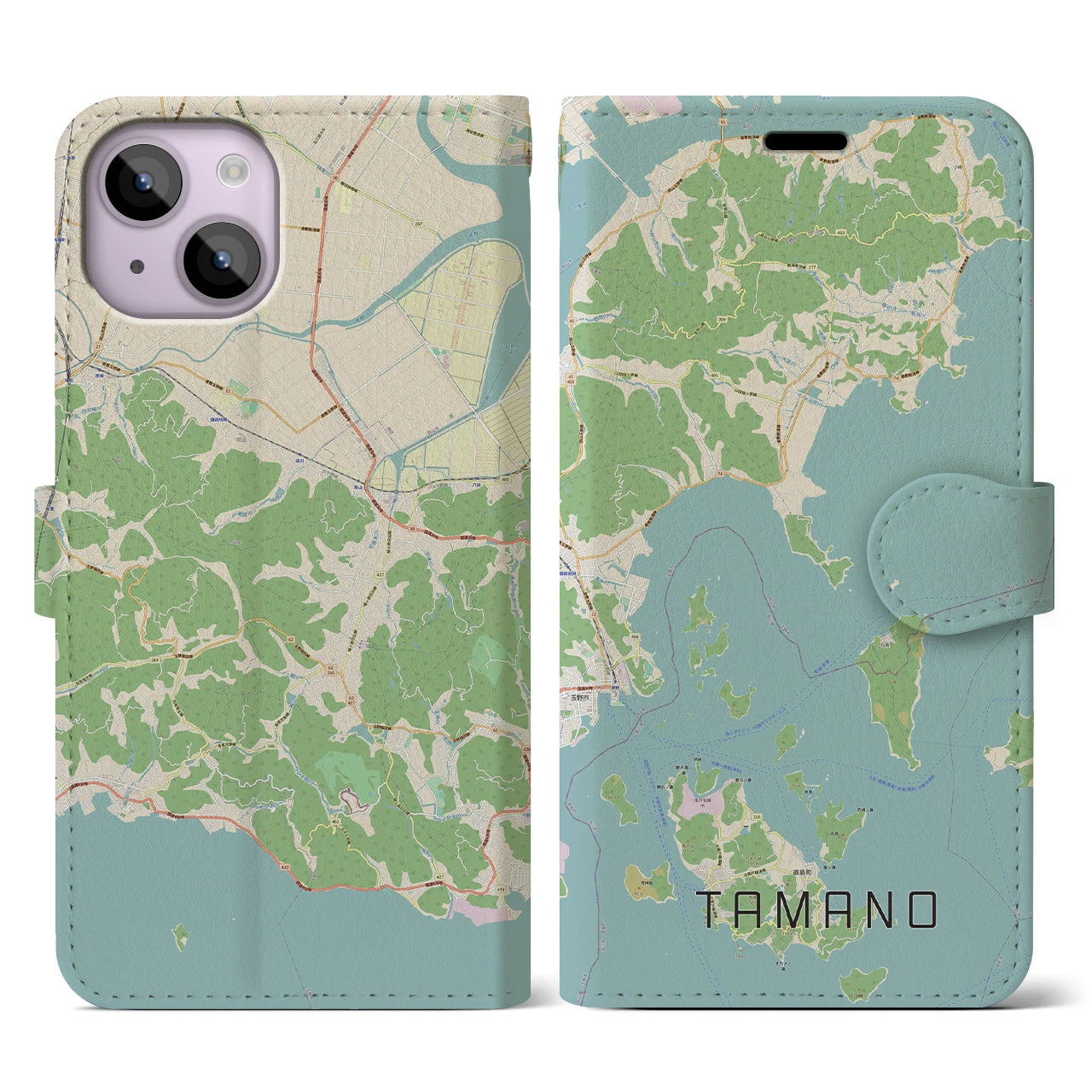 【玉野(岡山県)】地図柄iPhoneケース(手帳タイプ)ナチュラル・iPhone 14 用