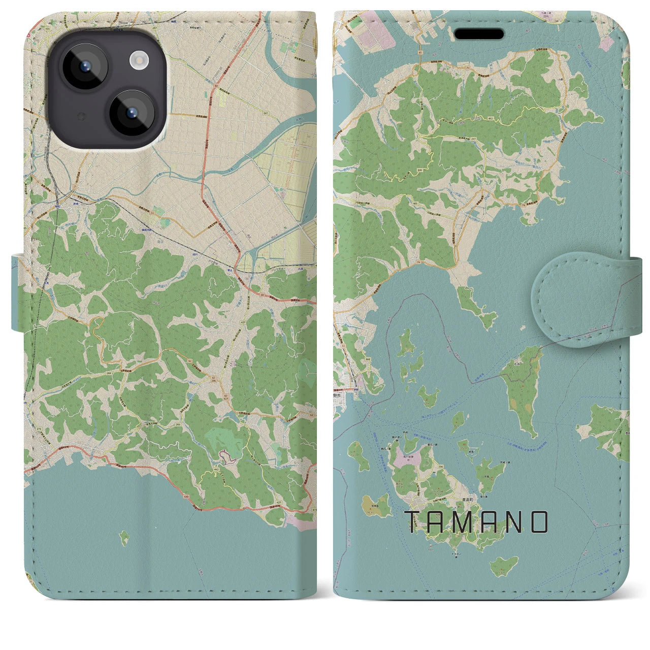 【玉野(岡山県)】地図柄iPhoneケース(手帳タイプ)ナチュラル・iPhone 14 Plus 用