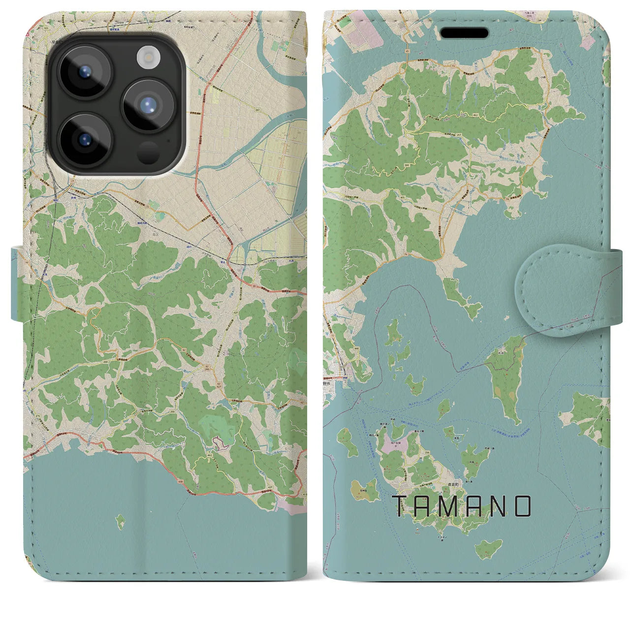 【玉野(岡山県)】地図柄iPhoneケース(手帳タイプ)ナチュラル・iPhone 15 Pro Max 用