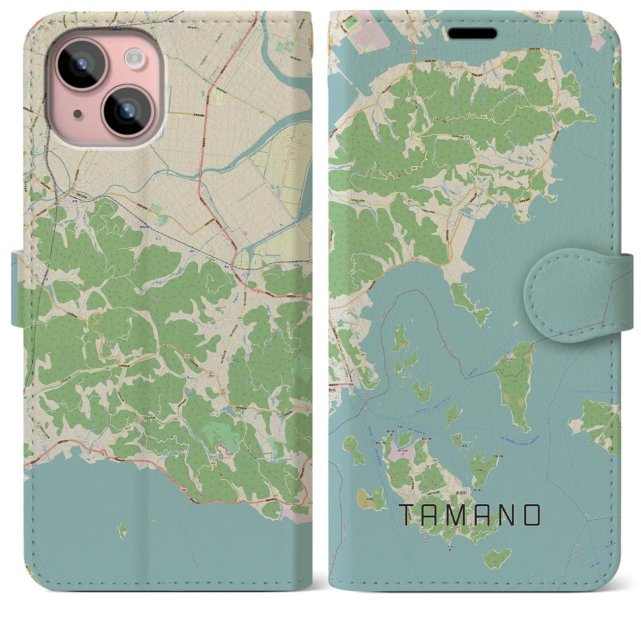 【玉野(岡山県)】地図柄iPhoneケース(手帳タイプ)ナチュラル・iPhone 15 Plus 用
