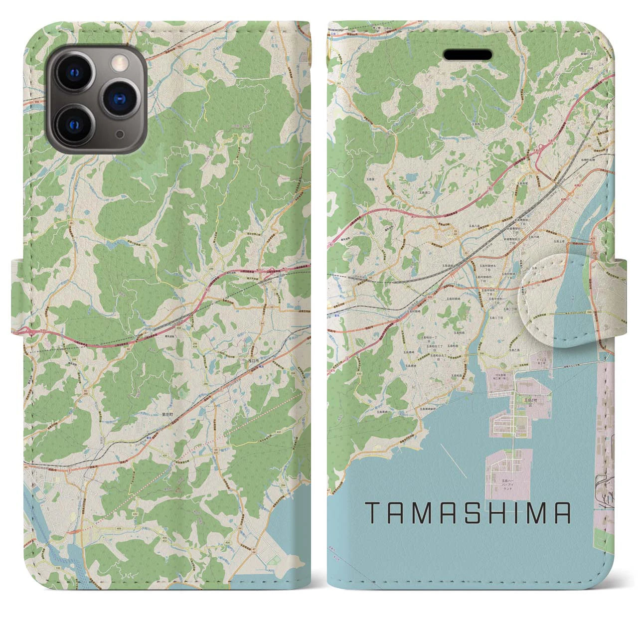 【玉島(岡山県)】地図柄iPhoneケース(手帳タイプ)ナチュラル・iPhone 11 Pro Max 用