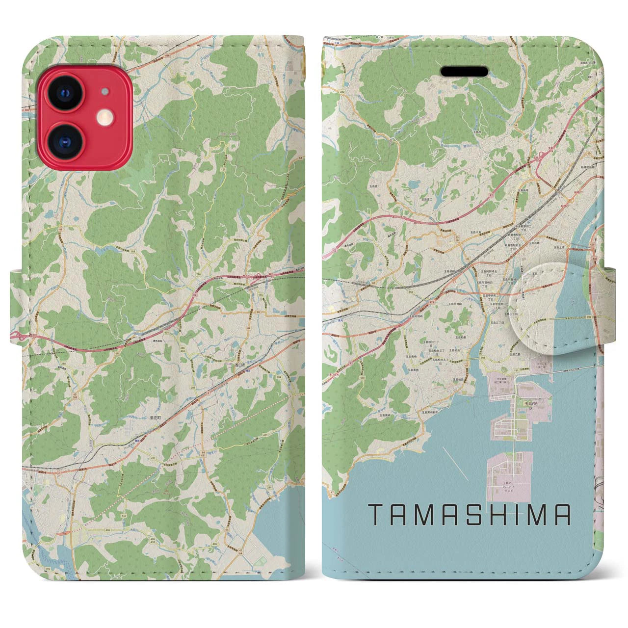 【玉島(岡山県)】地図柄iPhoneケース(手帳タイプ)ナチュラル・iPhone 11 用