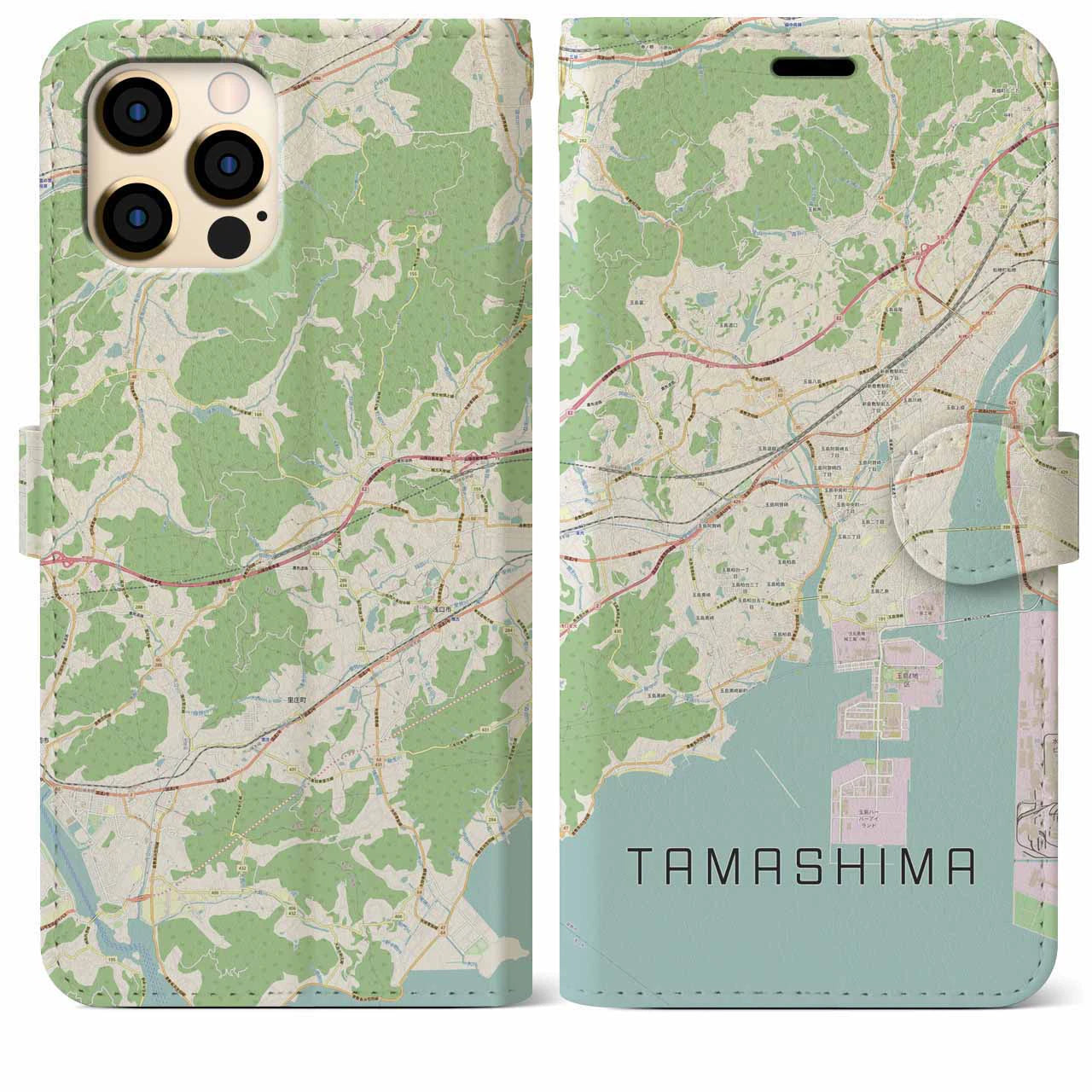 【玉島(岡山県)】地図柄iPhoneケース(手帳タイプ)ナチュラル・iPhone 12 Pro Max 用