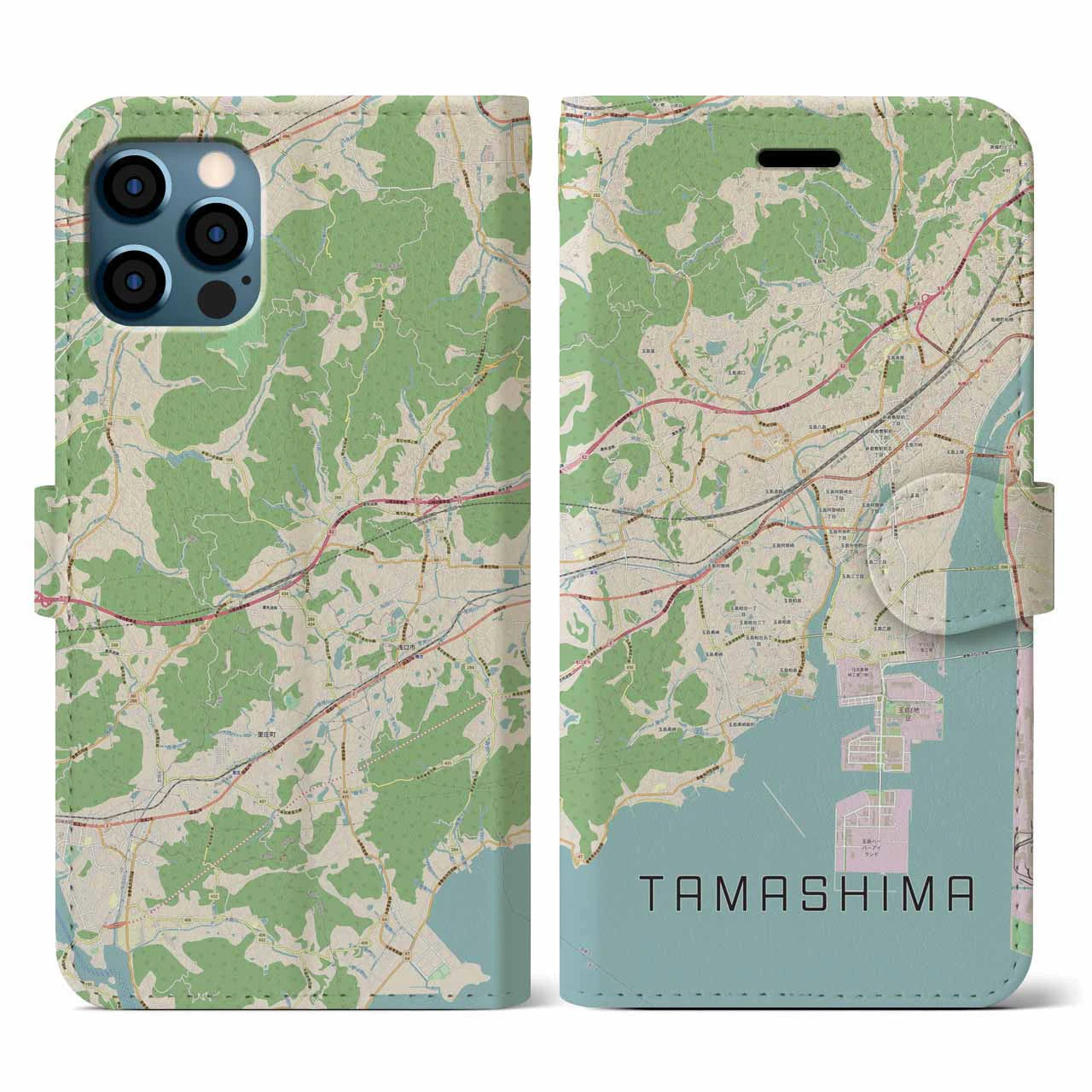 【玉島(岡山県)】地図柄iPhoneケース(手帳タイプ)ナチュラル・iPhone 12 / 12 Pro 用