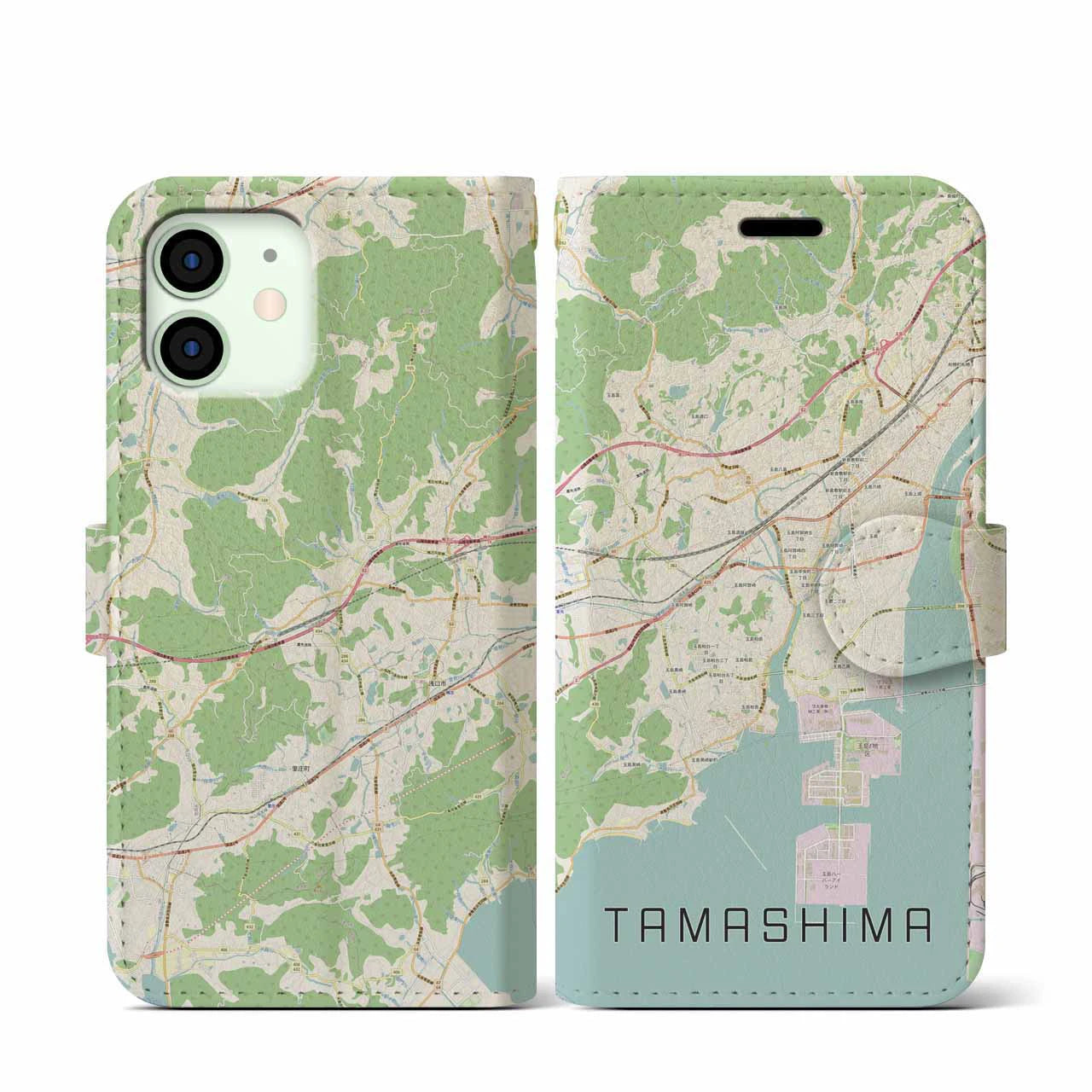 【玉島(岡山県)】地図柄iPhoneケース(手帳タイプ)ナチュラル・iPhone 12 mini 用