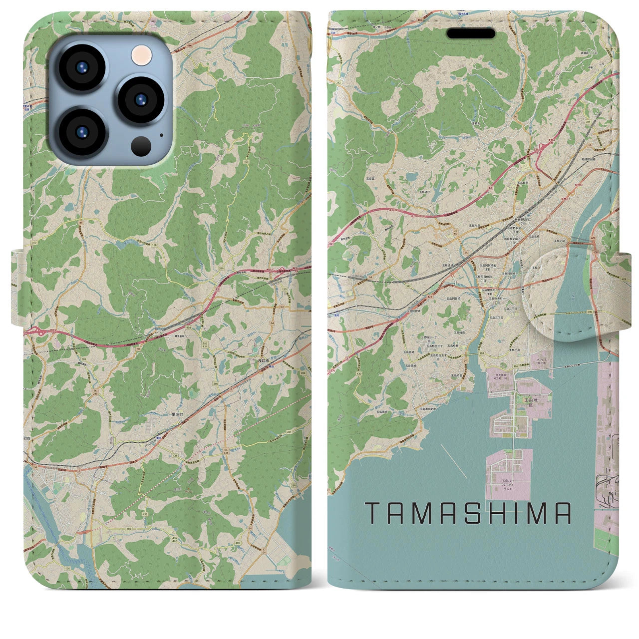 【玉島(岡山県)】地図柄iPhoneケース(手帳タイプ)ナチュラル・iPhone 13 Pro Max 用