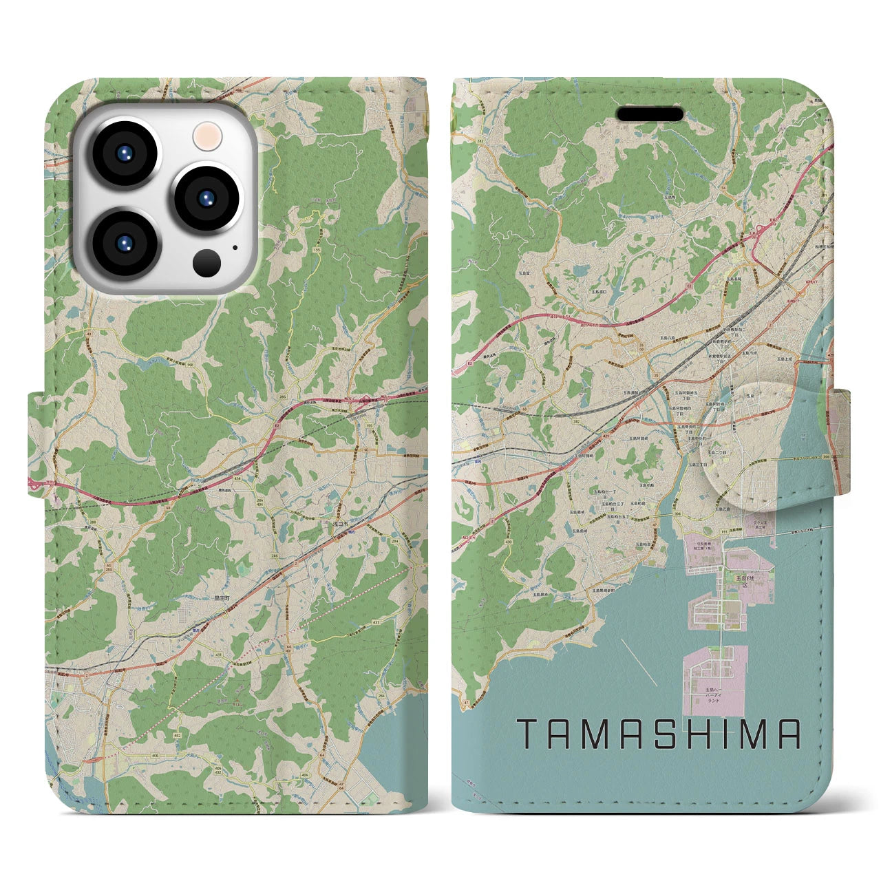 【玉島(岡山県)】地図柄iPhoneケース(手帳タイプ)ナチュラル・iPhone 13 Pro 用