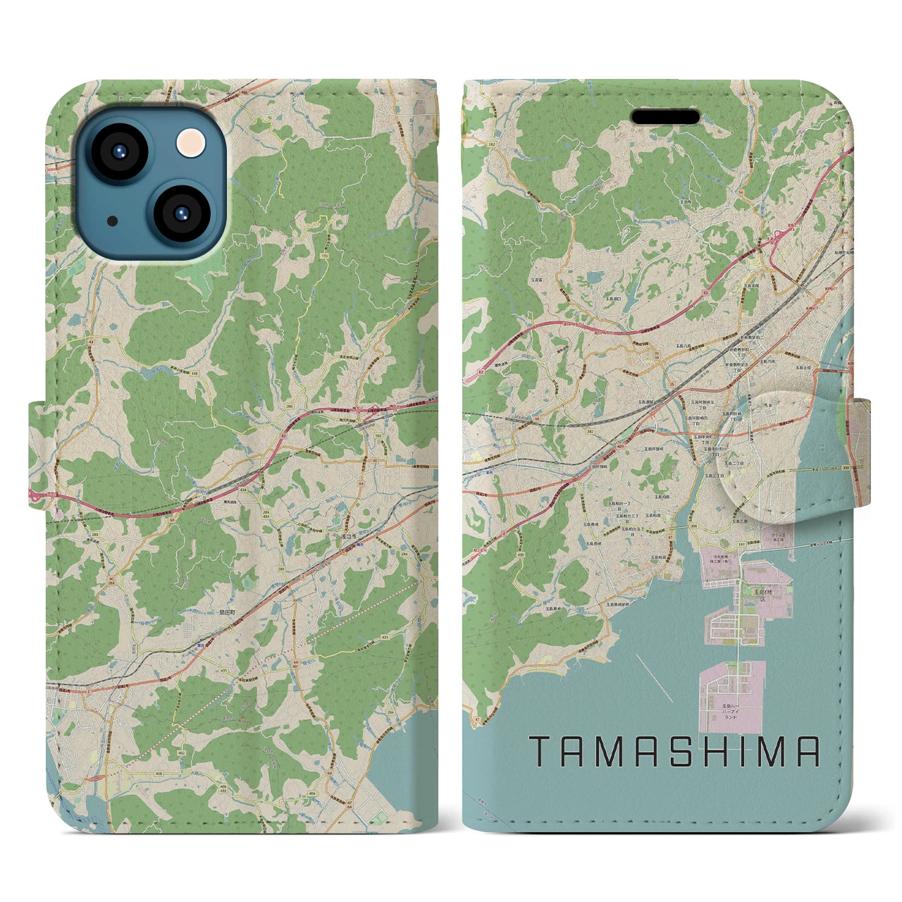 【玉島(岡山県)】地図柄iPhoneケース(手帳タイプ)ナチュラル・iPhone 13 用