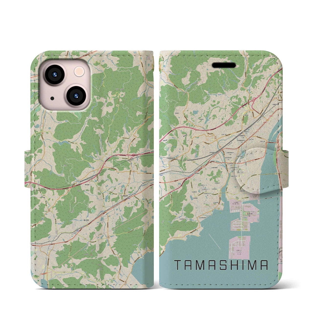 【玉島(岡山県)】地図柄iPhoneケース(手帳タイプ)ナチュラル・iPhone 13 mini 用