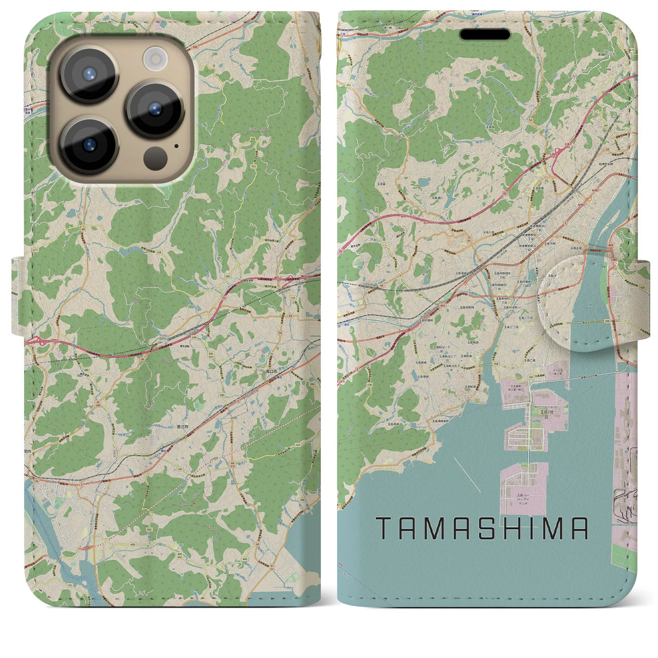 【玉島(岡山県)】地図柄iPhoneケース(手帳タイプ)ナチュラル・iPhone 14 Pro Max 用