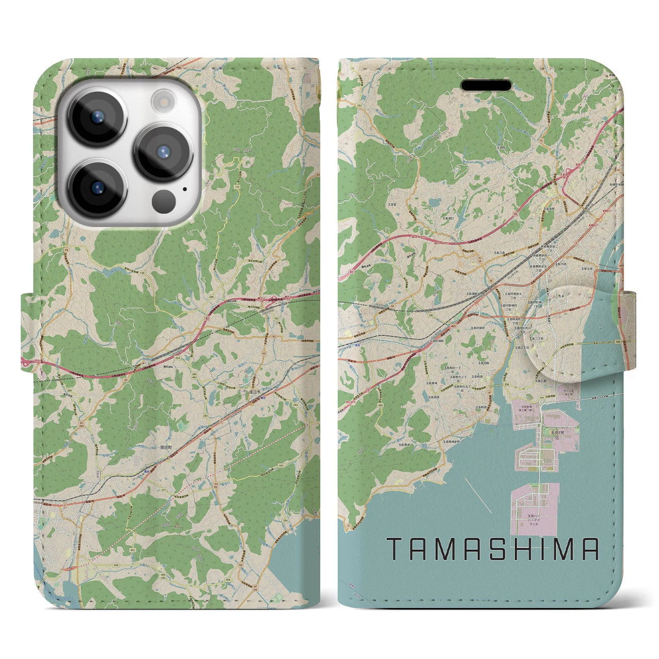 【玉島(岡山県)】地図柄iPhoneケース(手帳タイプ)ナチュラル・iPhone 14 Pro 用