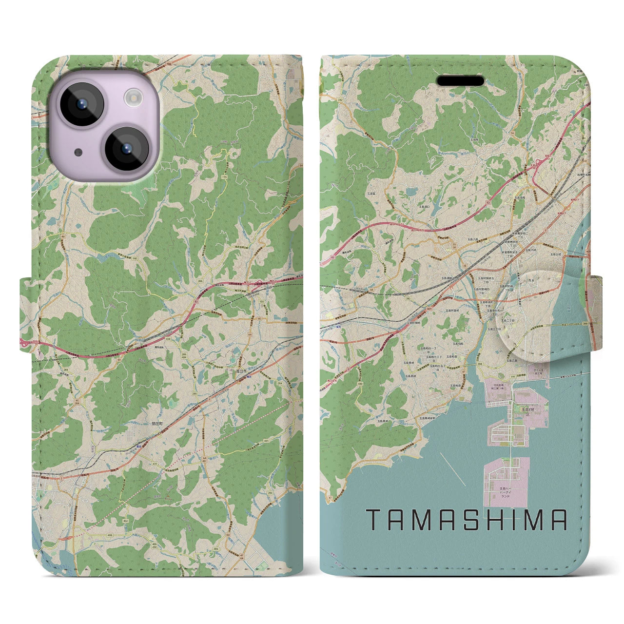 【玉島(岡山県)】地図柄iPhoneケース(手帳タイプ)ナチュラル・iPhone 14 用