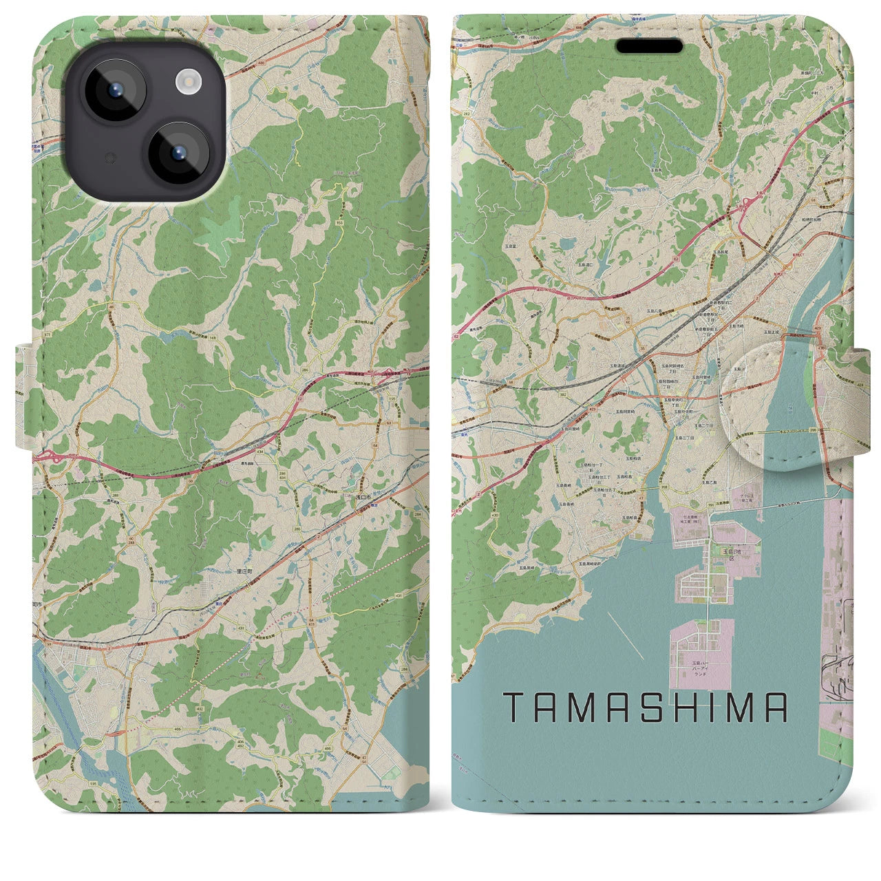 【玉島(岡山県)】地図柄iPhoneケース(手帳タイプ)ナチュラル・iPhone 14 Plus 用