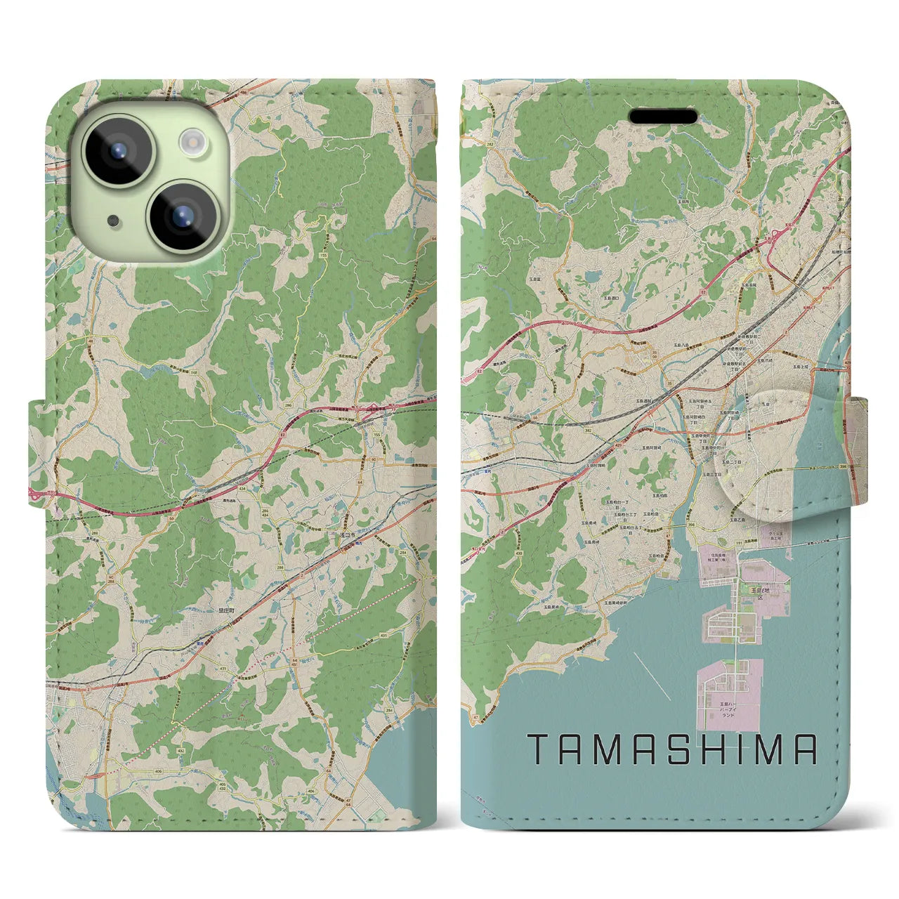 【玉島(岡山県)】地図柄iPhoneケース(手帳タイプ)ナチュラル・iPhone 15 用