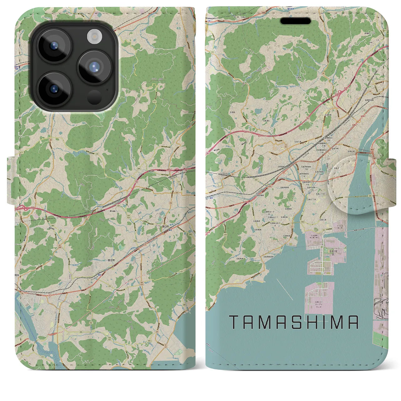 【玉島(岡山県)】地図柄iPhoneケース(手帳タイプ)ナチュラル・iPhone 15 Pro Max 用