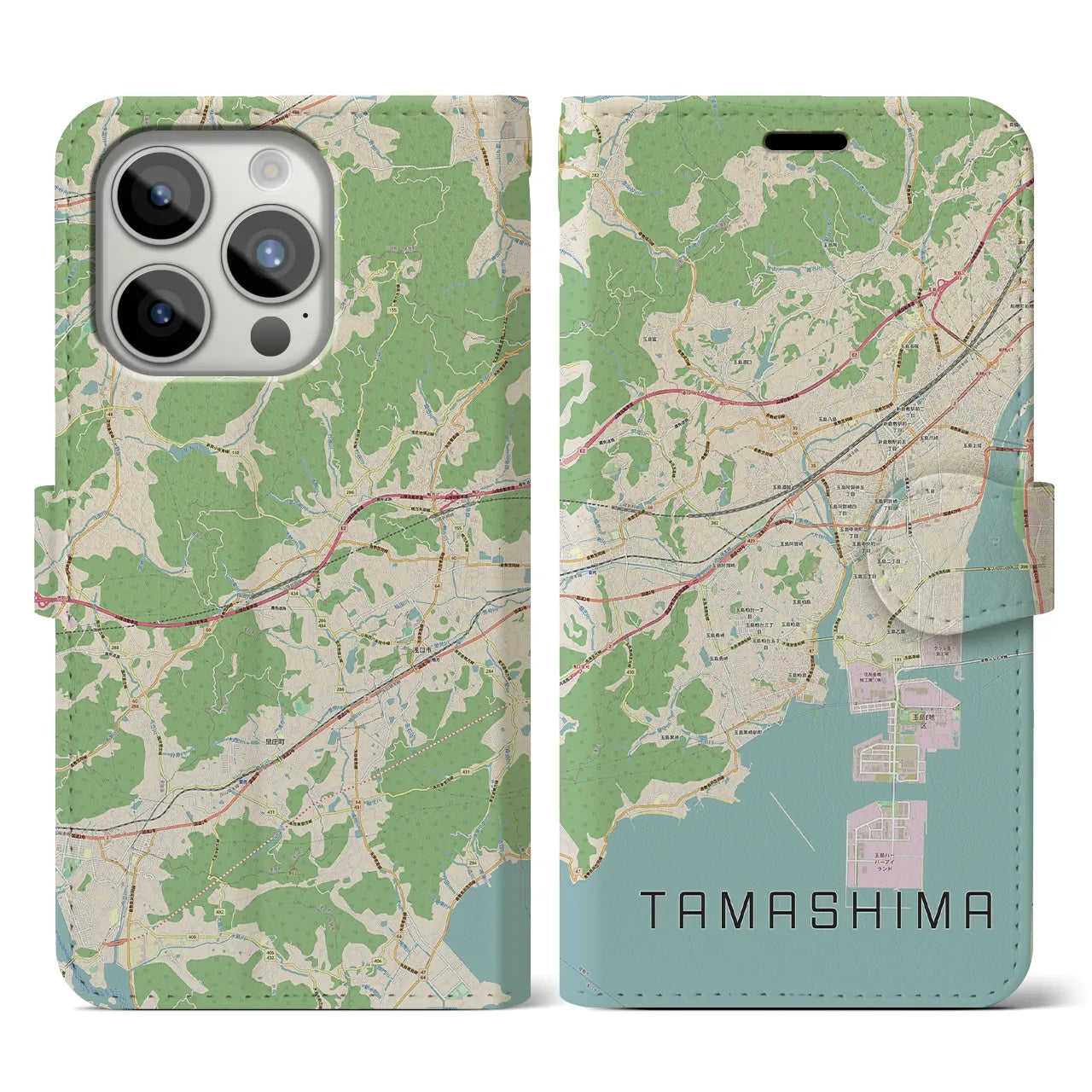 【玉島(岡山県)】地図柄iPhoneケース(手帳タイプ)ナチュラル・iPhone 15 Pro 用