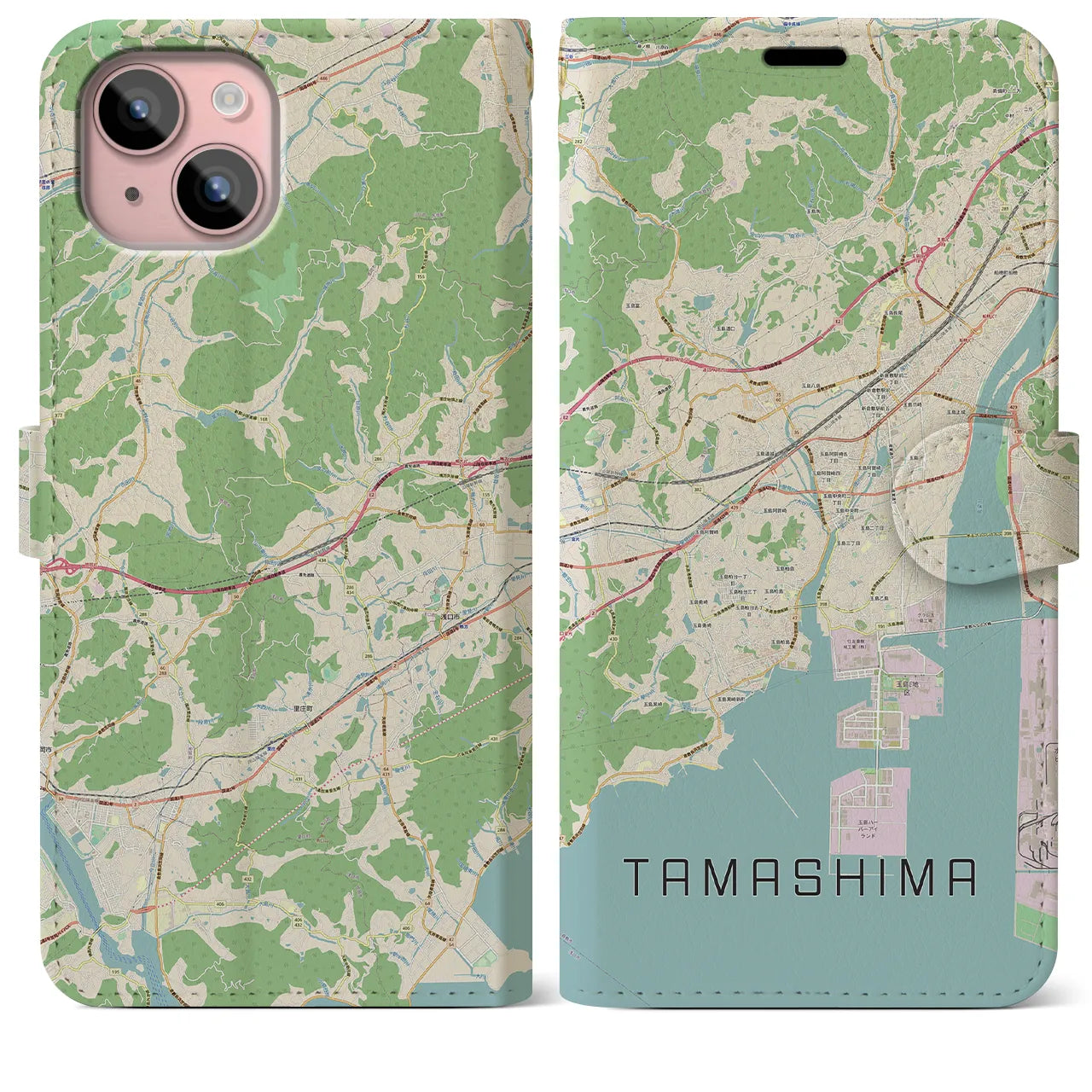 【玉島(岡山県)】地図柄iPhoneケース(手帳タイプ)ナチュラル・iPhone 15 Plus 用