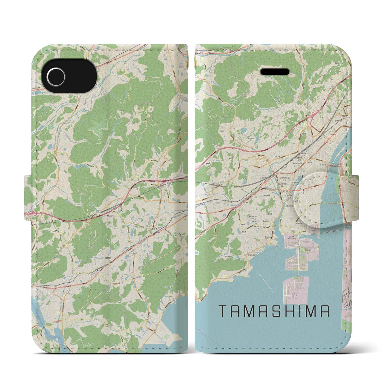 【玉島(岡山県)】地図柄iPhoneケース(手帳タイプ)ナチュラル・iPhone SE(第3 / 第2世代) / 8 / 7 / 6s / 6 用