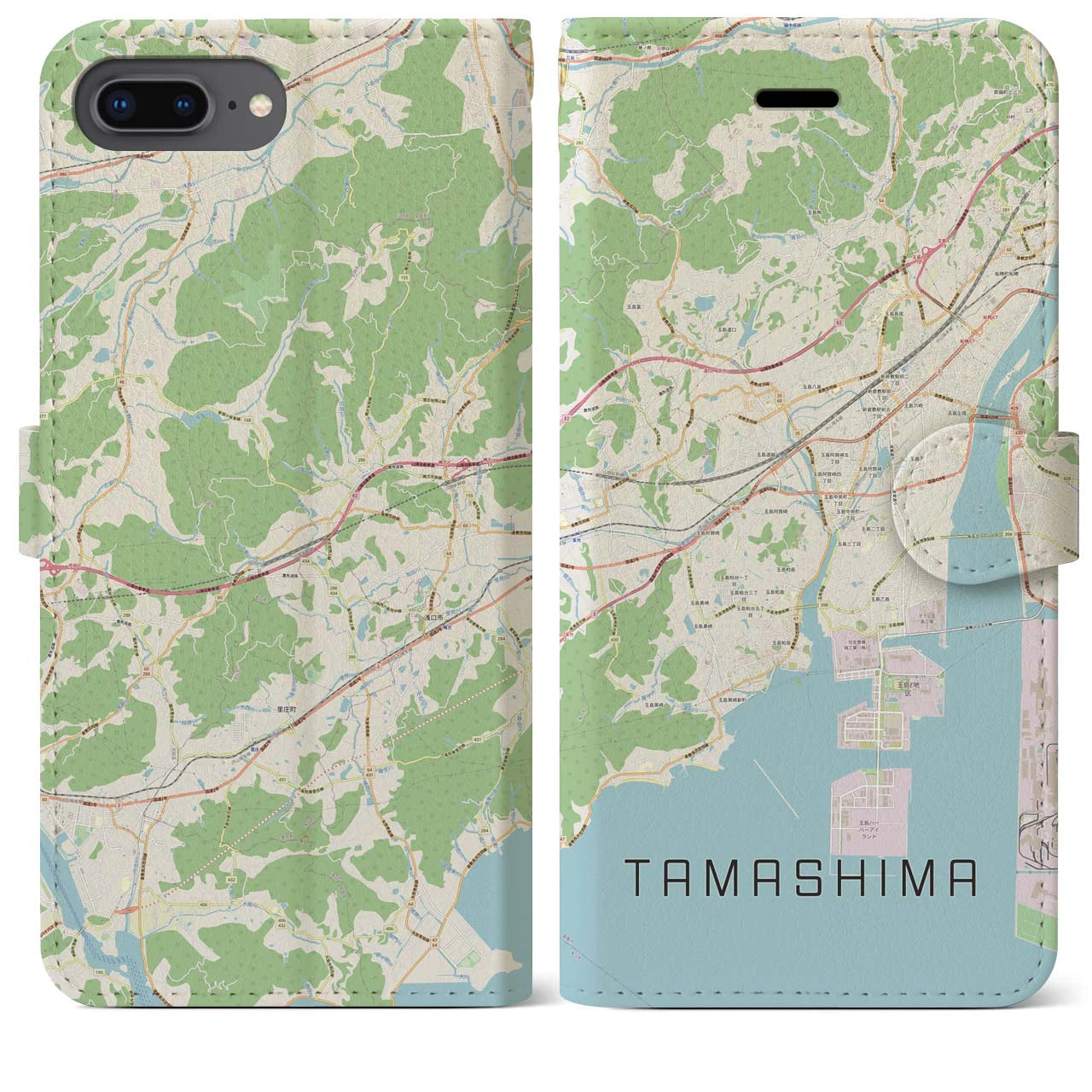 【玉島(岡山県)】地図柄iPhoneケース(手帳タイプ)ナチュラル・iPhone 8Plus /7Plus / 6sPlus / 6Plus 用