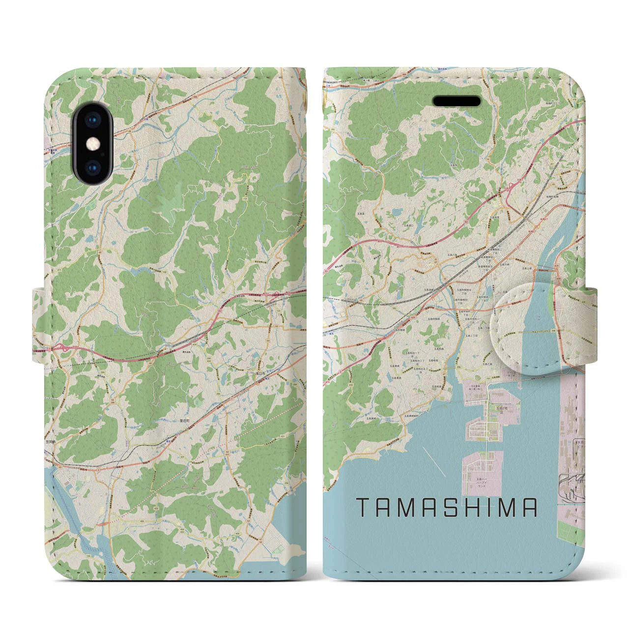 【玉島(岡山県)】地図柄iPhoneケース(手帳タイプ)ナチュラル・iPhone XS / X 用