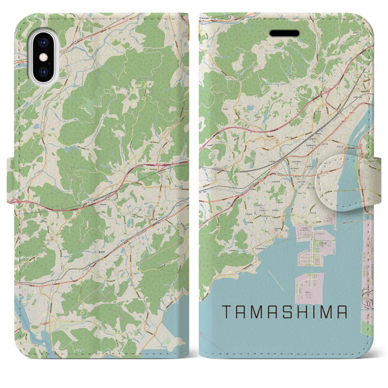【玉島(岡山県)】地図柄iPhoneケース(手帳タイプ)ナチュラル・iPhone XS Max 用
