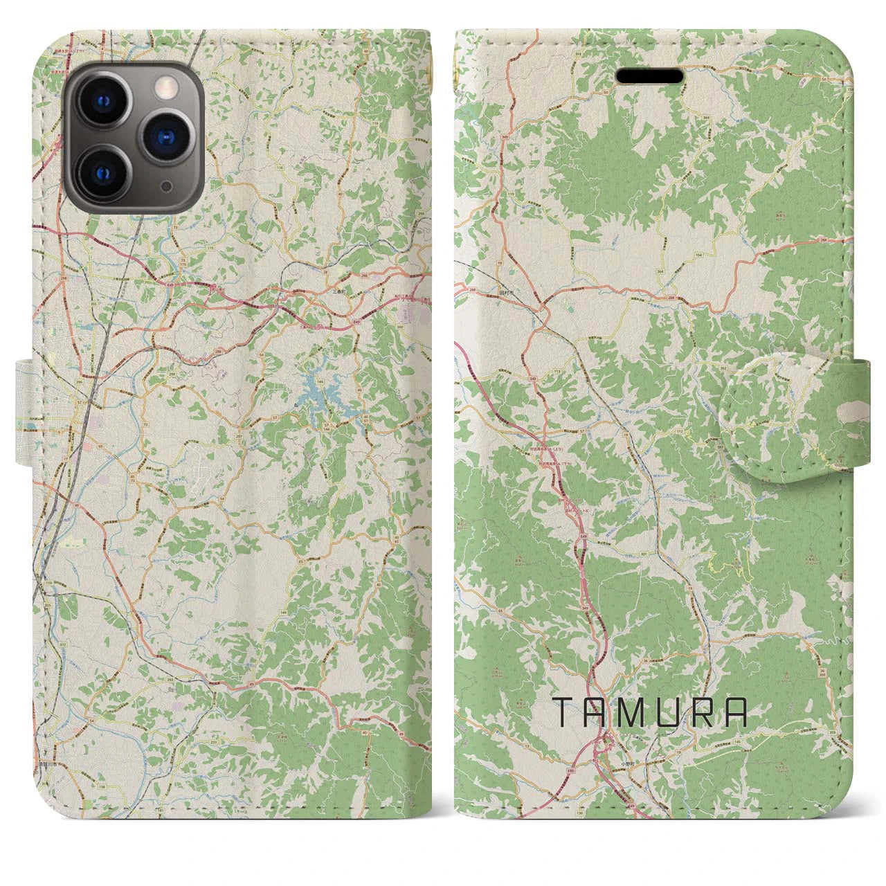 【田村(福島県)】地図柄iPhoneケース(手帳タイプ)ナチュラル・iPhone 11 Pro Max 用