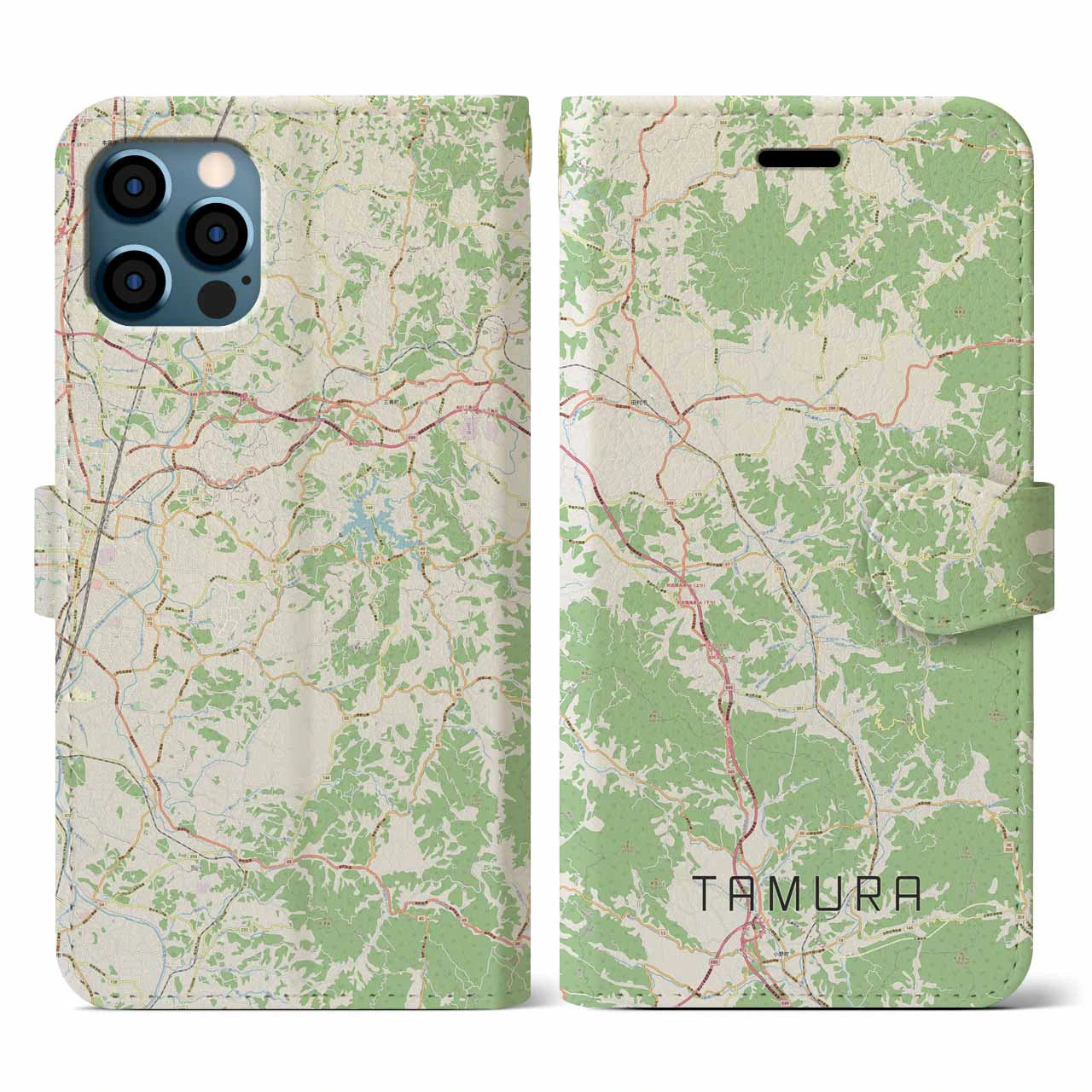 【田村(福島県)】地図柄iPhoneケース(手帳タイプ)ナチュラル・iPhone 12 / 12 Pro 用