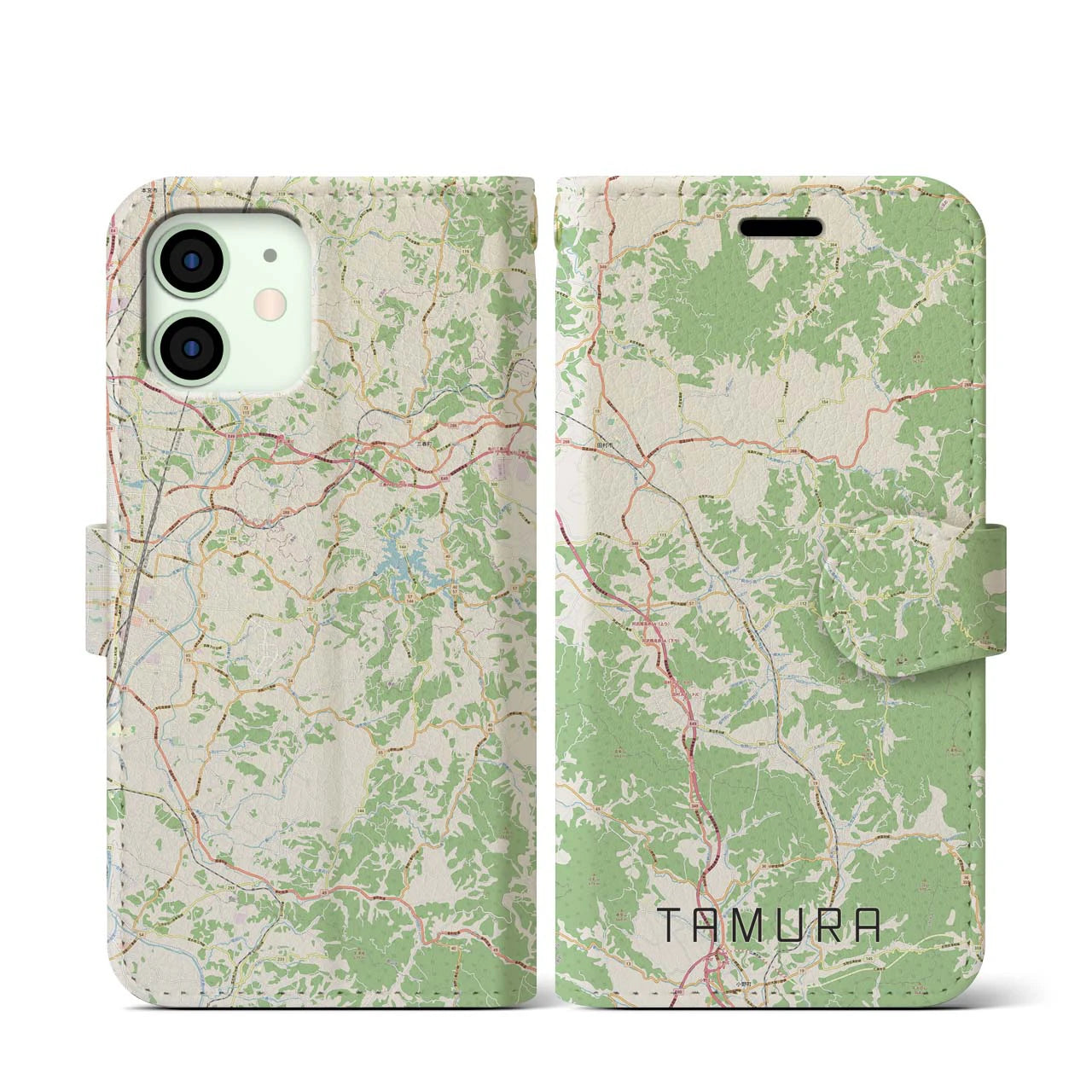【田村(福島県)】地図柄iPhoneケース(手帳タイプ)ナチュラル・iPhone 12 mini 用
