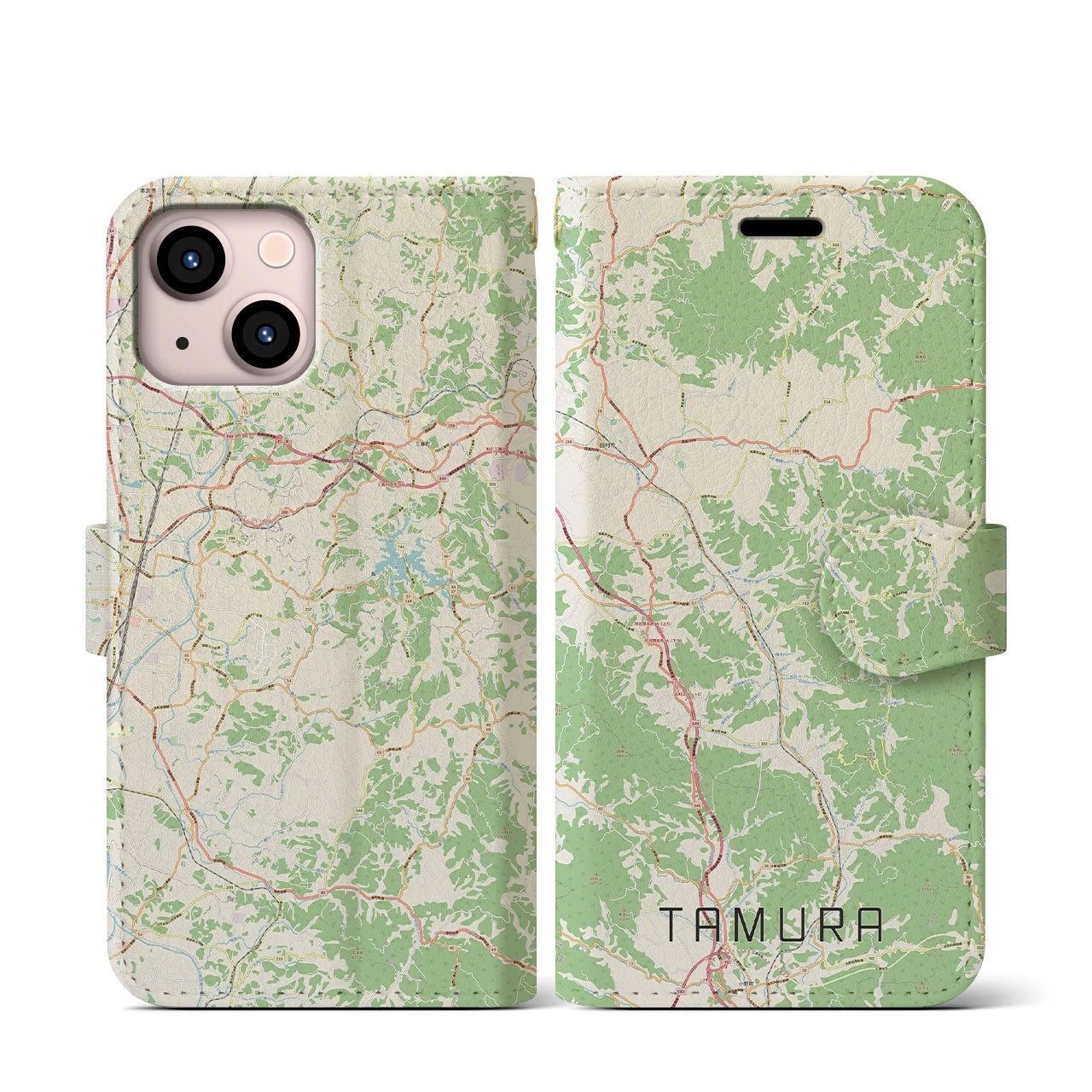 【田村(福島県)】地図柄iPhoneケース(手帳タイプ)ナチュラル・iPhone 13 mini 用