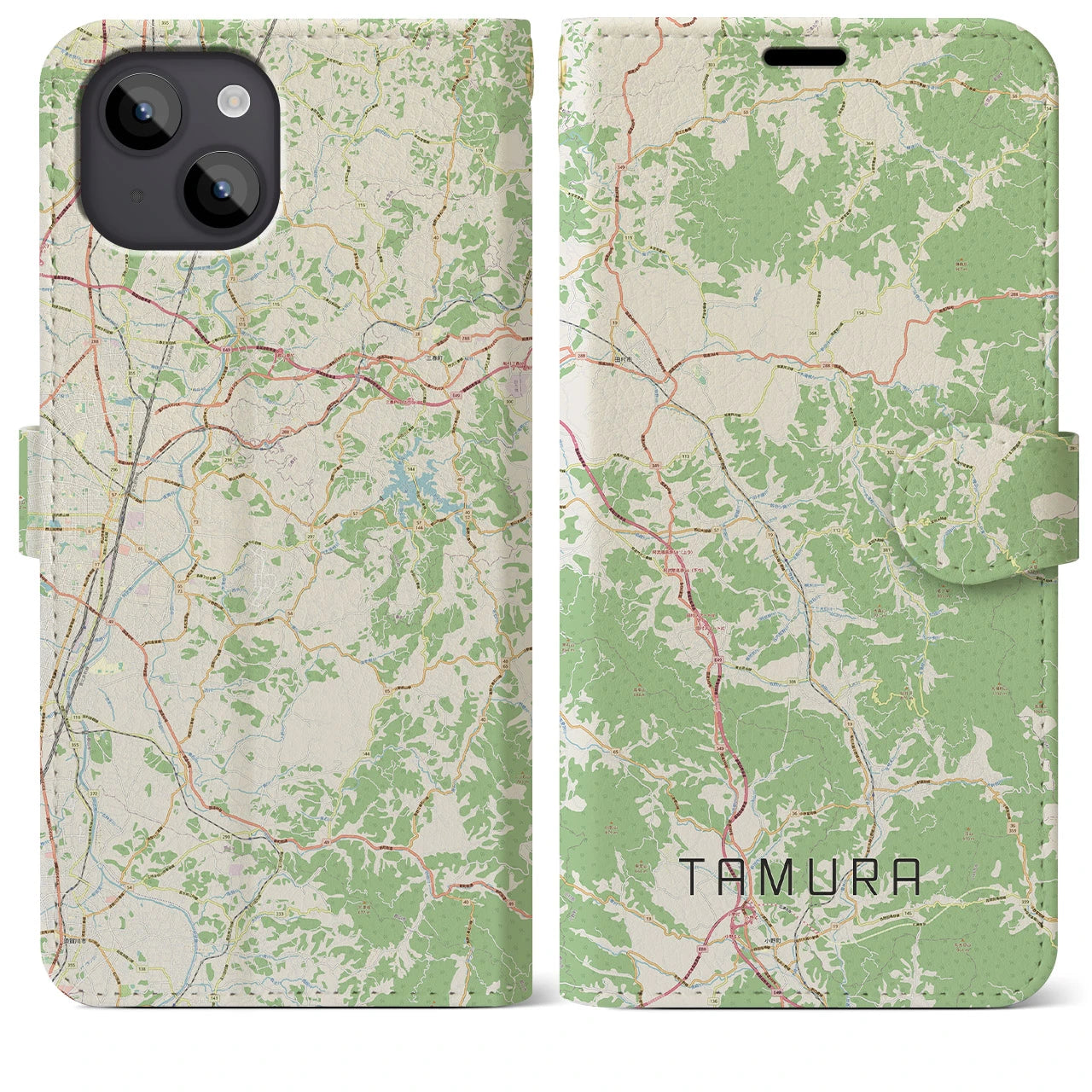 【田村(福島県)】地図柄iPhoneケース(手帳タイプ)ナチュラル・iPhone 14 Plus 用