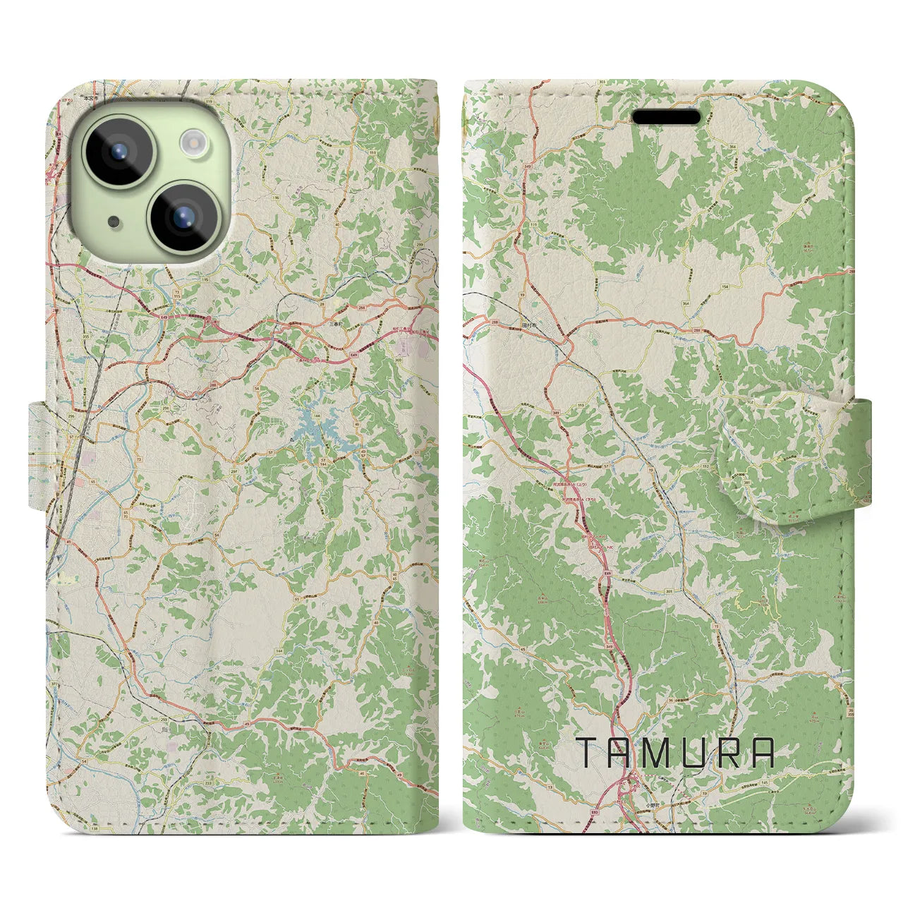 【田村(福島県)】地図柄iPhoneケース(手帳タイプ)ナチュラル・iPhone 15 用