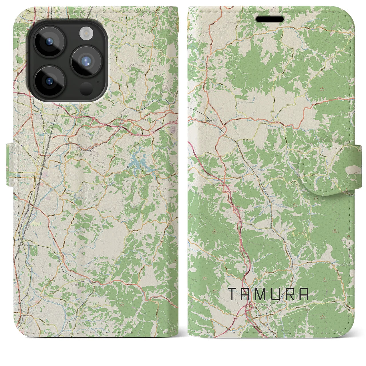 【田村(福島県)】地図柄iPhoneケース(手帳タイプ)ナチュラル・iPhone 15 Pro Max 用