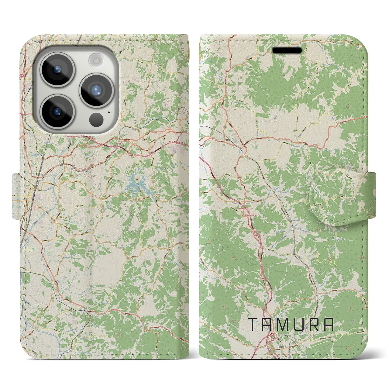 【田村(福島県)】地図柄iPhoneケース(手帳タイプ)ナチュラル・iPhone 15 Pro 用