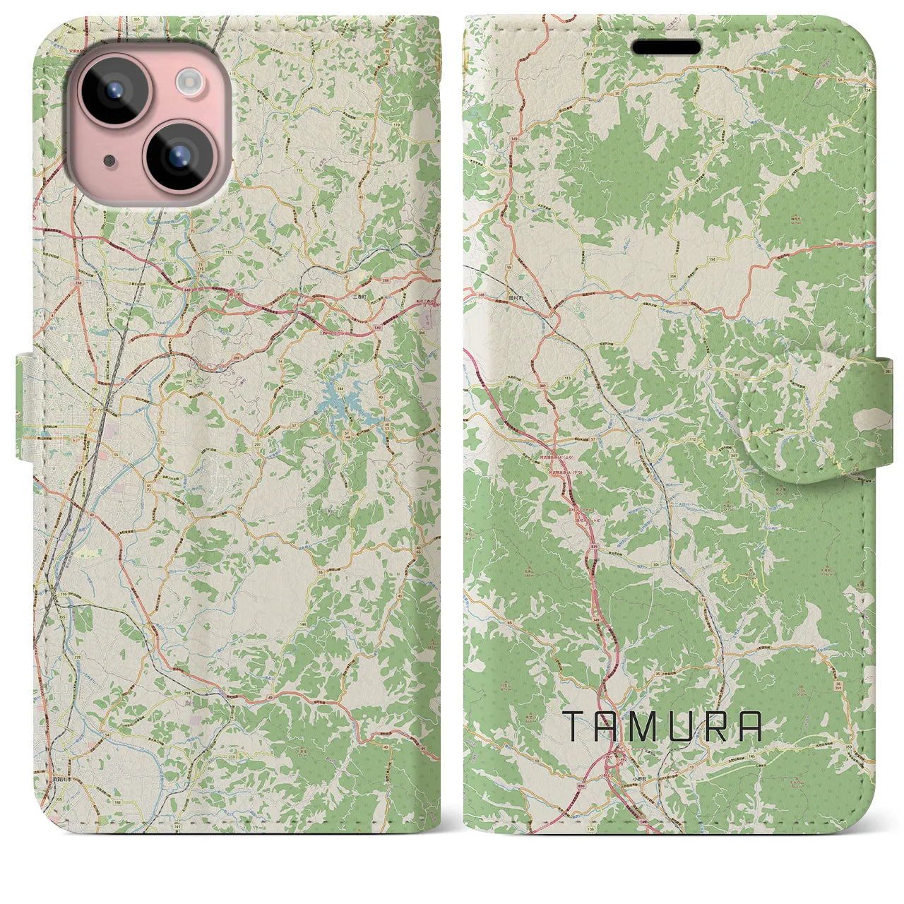 【田村(福島県)】地図柄iPhoneケース(手帳タイプ)ナチュラル・iPhone 15 Plus 用