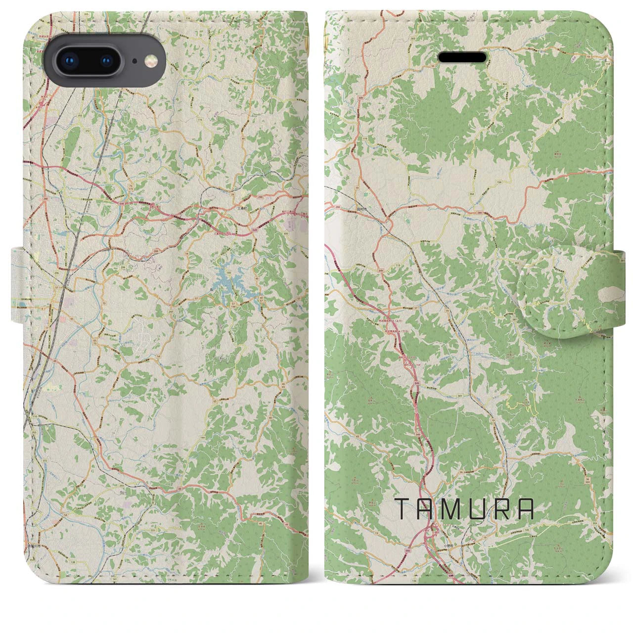 【田村(福島県)】地図柄iPhoneケース(手帳タイプ)ナチュラル・iPhone 8Plus /7Plus / 6sPlus / 6Plus 用