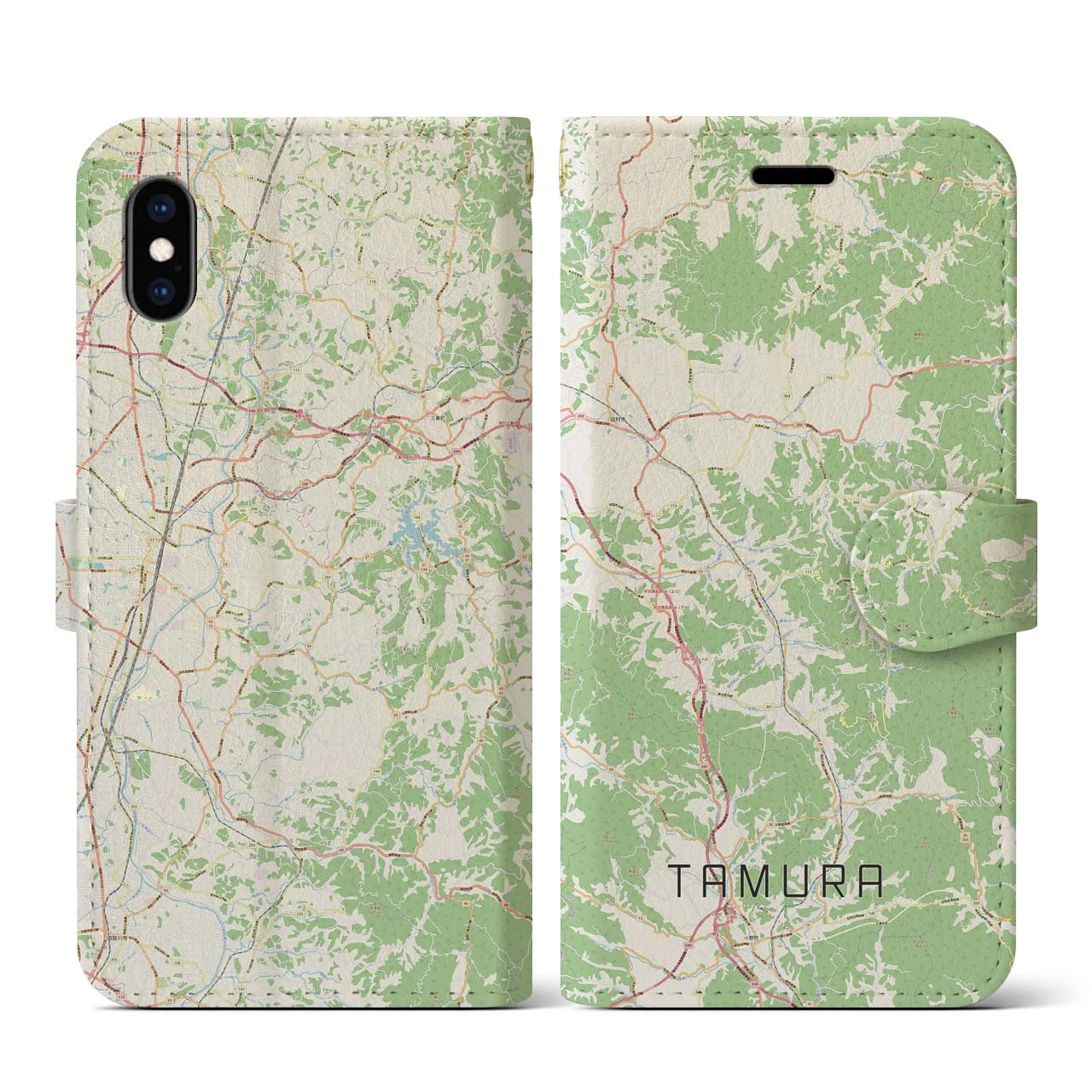 【田村(福島県)】地図柄iPhoneケース(手帳タイプ)ナチュラル・iPhone XS / X 用