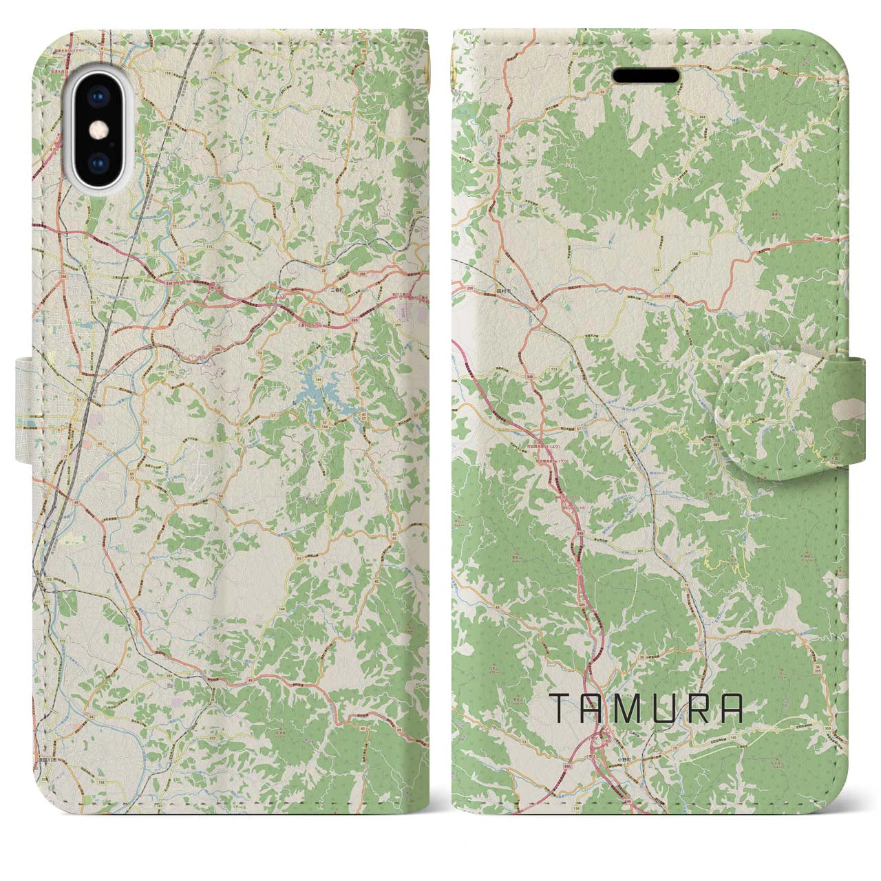 【田村(福島県)】地図柄iPhoneケース(手帳タイプ)ナチュラル・iPhone XS Max 用