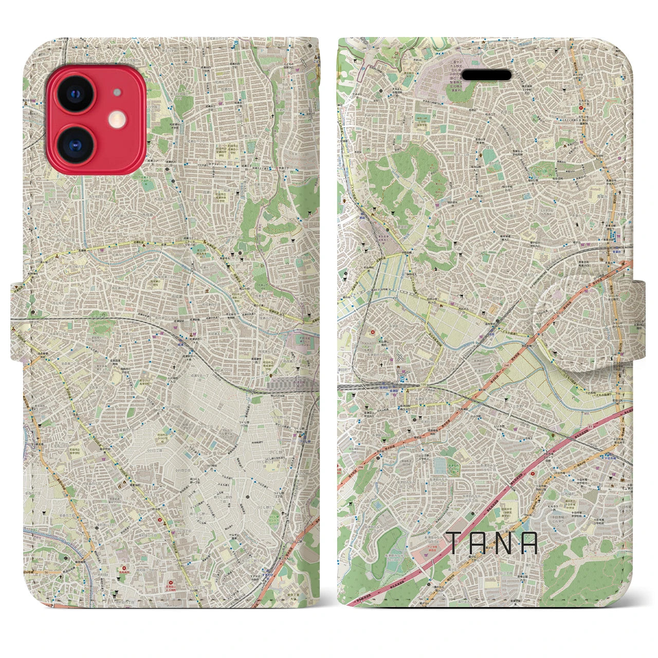 【田奈(神奈川県)】地図柄iPhoneケース(手帳タイプ)ナチュラル・iPhone 11 用