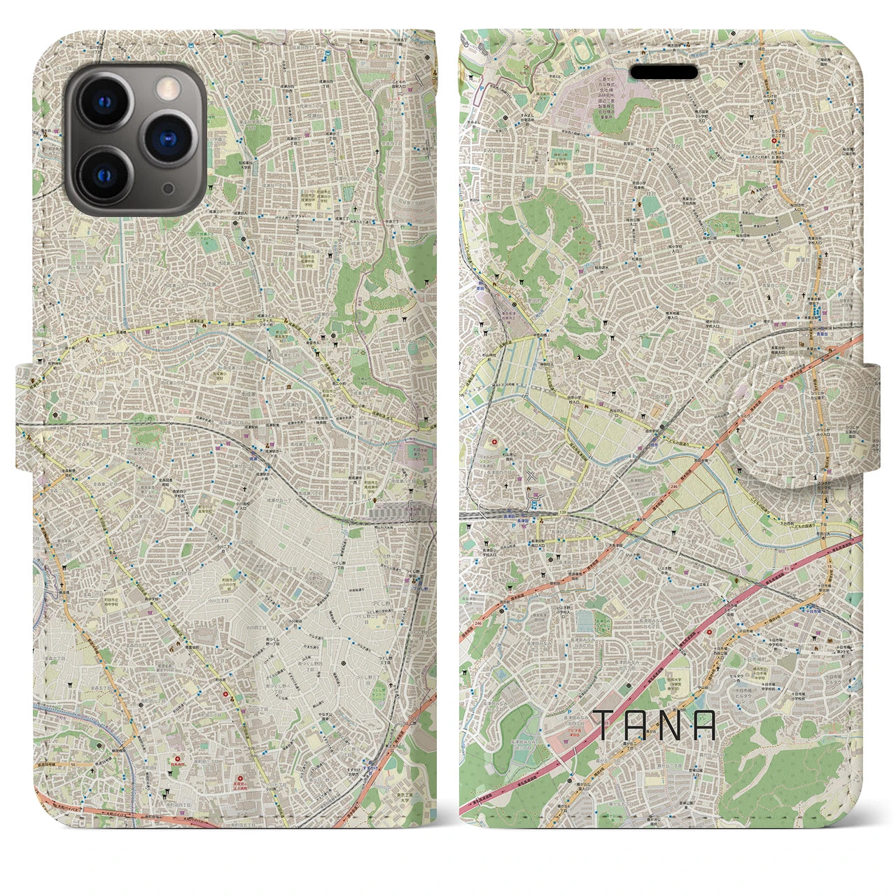 【田奈(神奈川県)】地図柄iPhoneケース(手帳タイプ)ナチュラル・iPhone 11 Pro Max 用