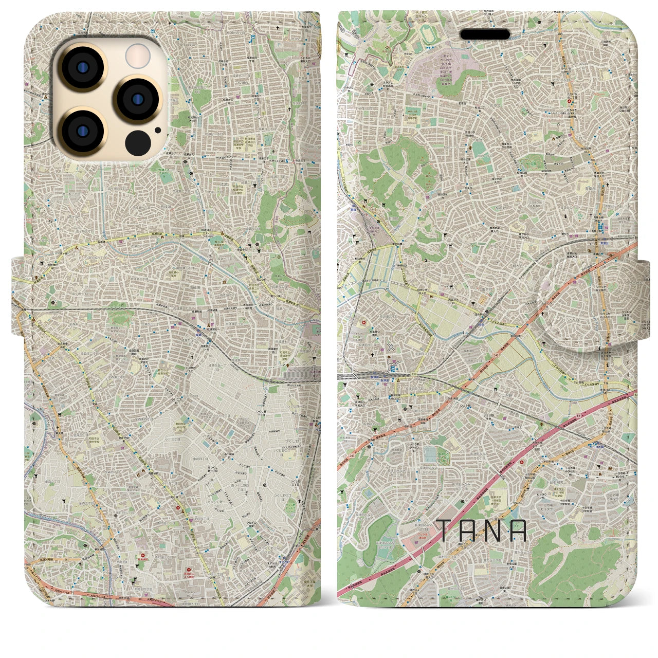 【田奈(神奈川県)】地図柄iPhoneケース(手帳タイプ)ナチュラル・iPhone 12 Pro Max 用
