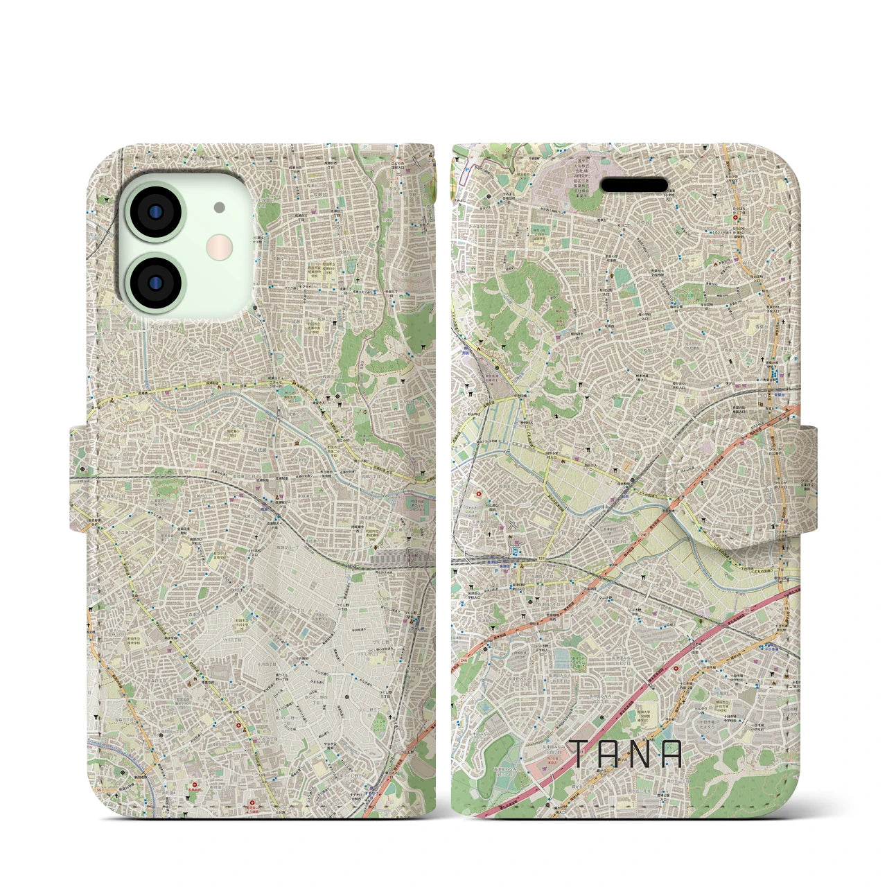 【田奈(神奈川県)】地図柄iPhoneケース(手帳タイプ)ナチュラル・iPhone 12 mini 用