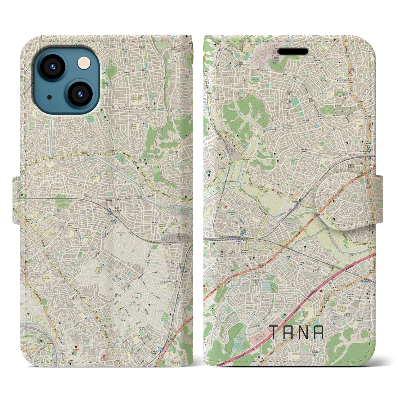 【田奈(神奈川県)】地図柄iPhoneケース(手帳タイプ)ナチュラル・iPhone 13 用
