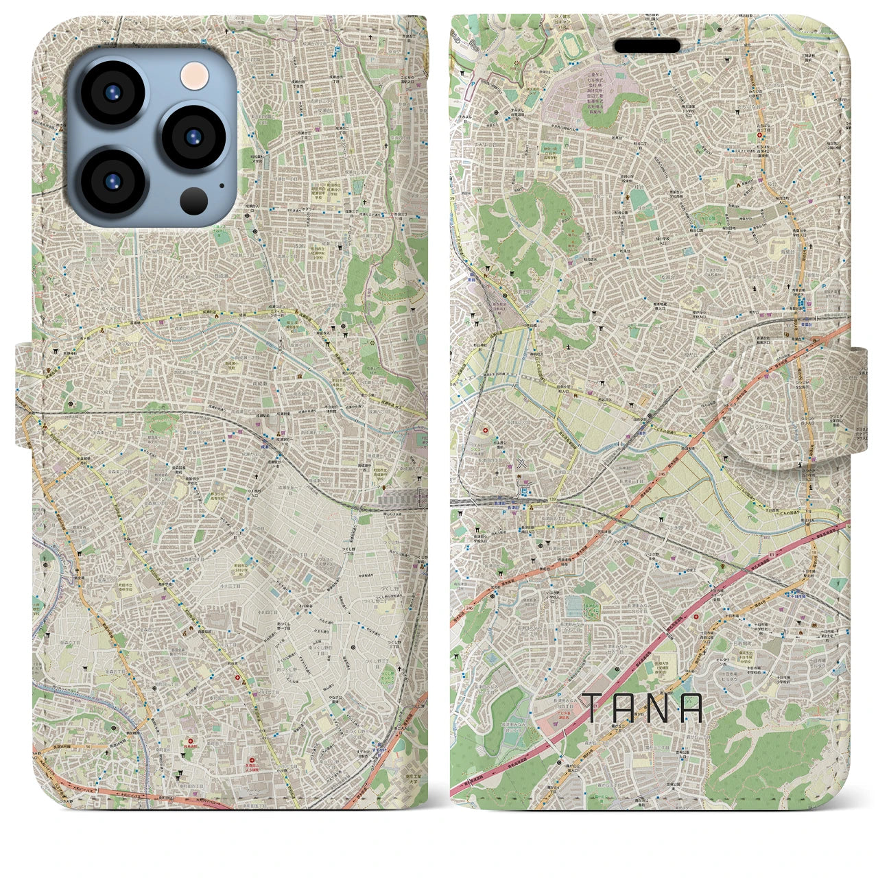 【田奈(神奈川県)】地図柄iPhoneケース(手帳タイプ)ナチュラル・iPhone 13 Pro Max 用