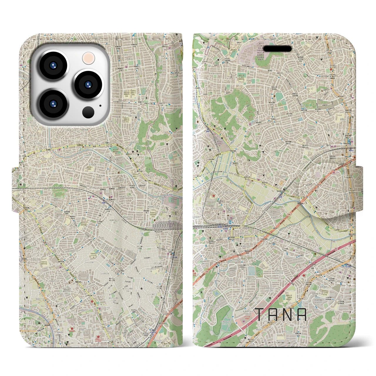 【田奈(神奈川県)】地図柄iPhoneケース(手帳タイプ)ナチュラル・iPhone 13 Pro 用