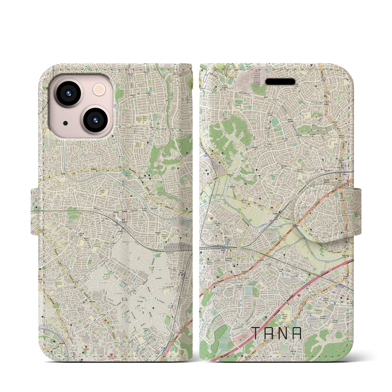 【田奈(神奈川県)】地図柄iPhoneケース(手帳タイプ)ナチュラル・iPhone 13 mini 用