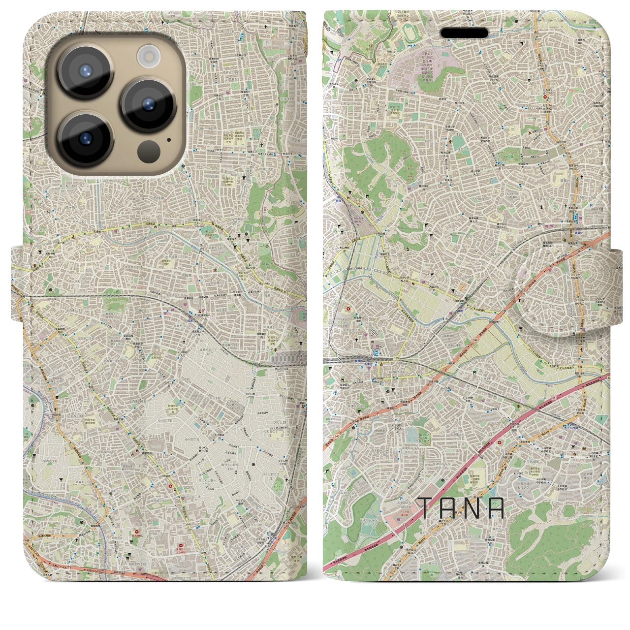 【田奈(神奈川県)】地図柄iPhoneケース(手帳タイプ)ナチュラル・iPhone 14 Pro Max 用